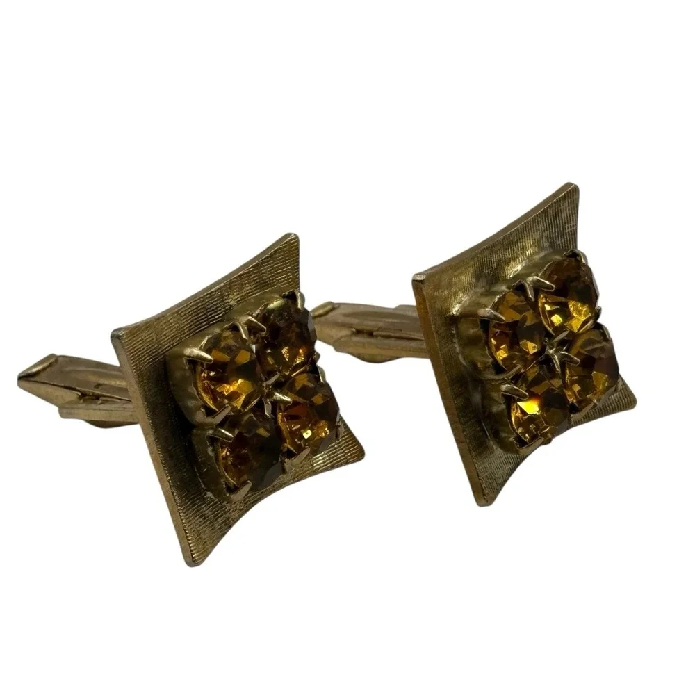 Yellow Rhinestone Cufflinks‎ Square MCM Vintage Gold Tone Men's Formal Prong Set